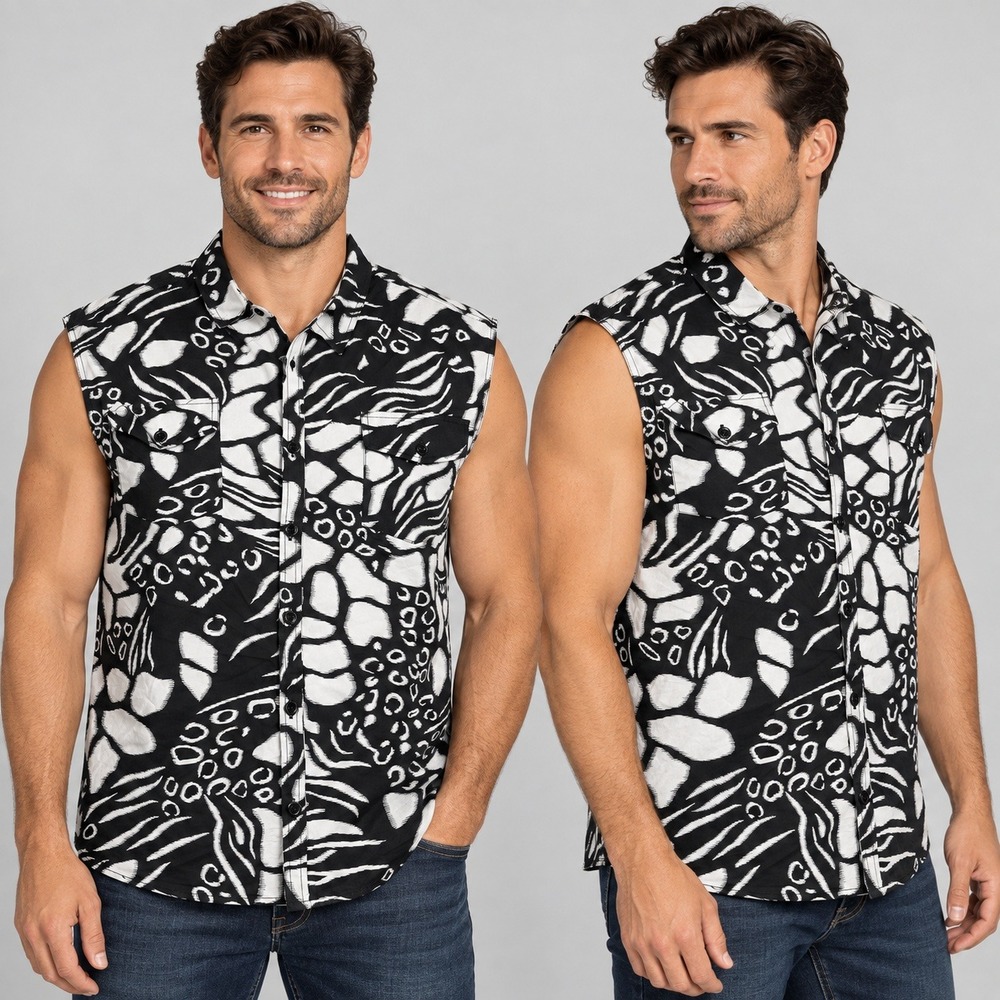 JOGAL Mens XL Sleeveless Button Down Shirt Black White Abstract Print Cotton NWT